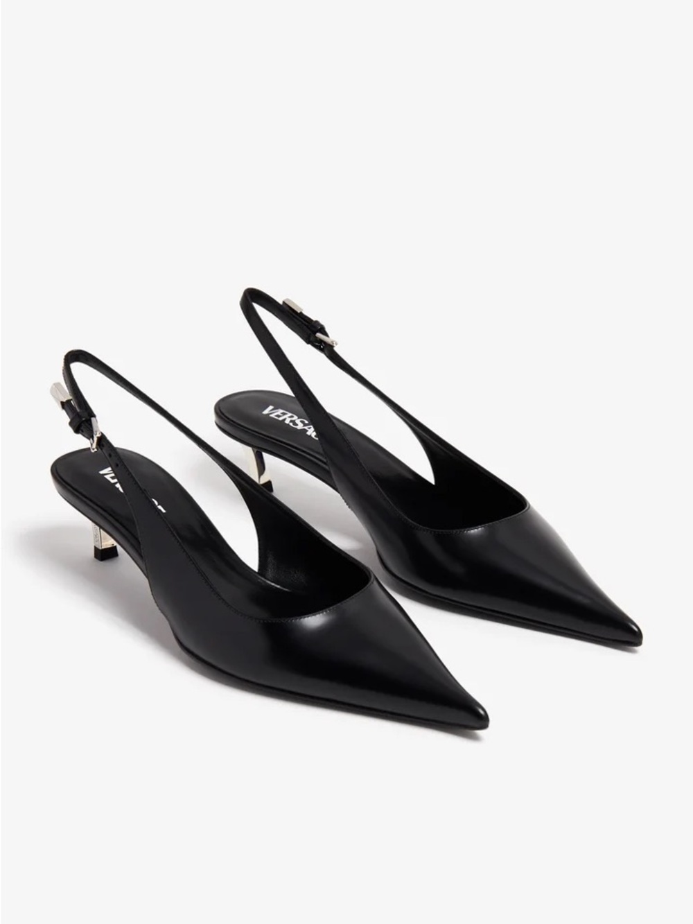NEW VERSACE Pinpoint Slingback Pumps Sz 8 39 Black Leather Kitten heel AUTHENTIC